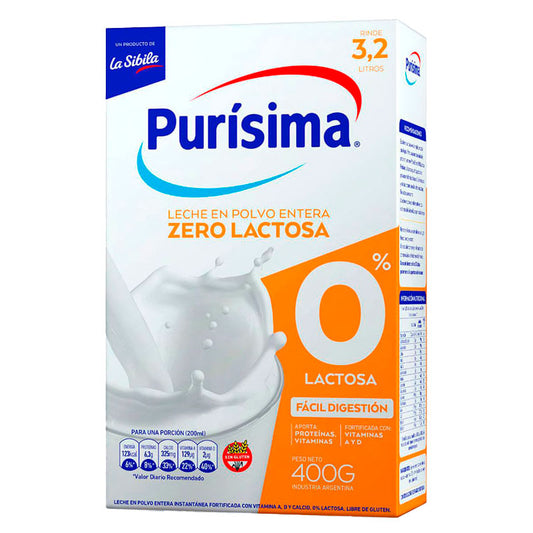 LECHE POLVO PURISIMA ENTERA 0 LACTOSA 400 Grs