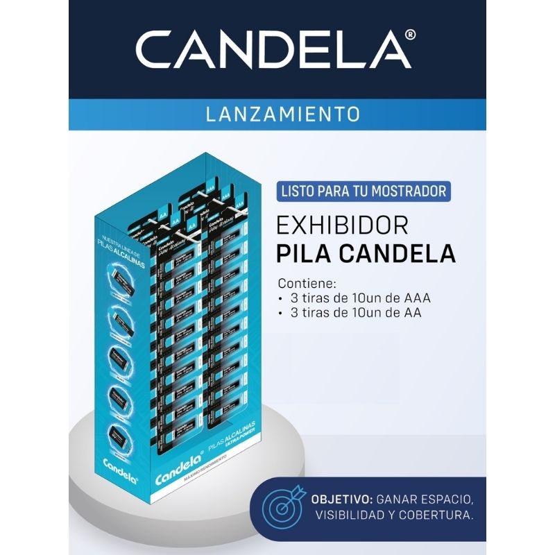 EXHIBIDOR PILAS CANDELA 30 AAA + 30 AA Un.